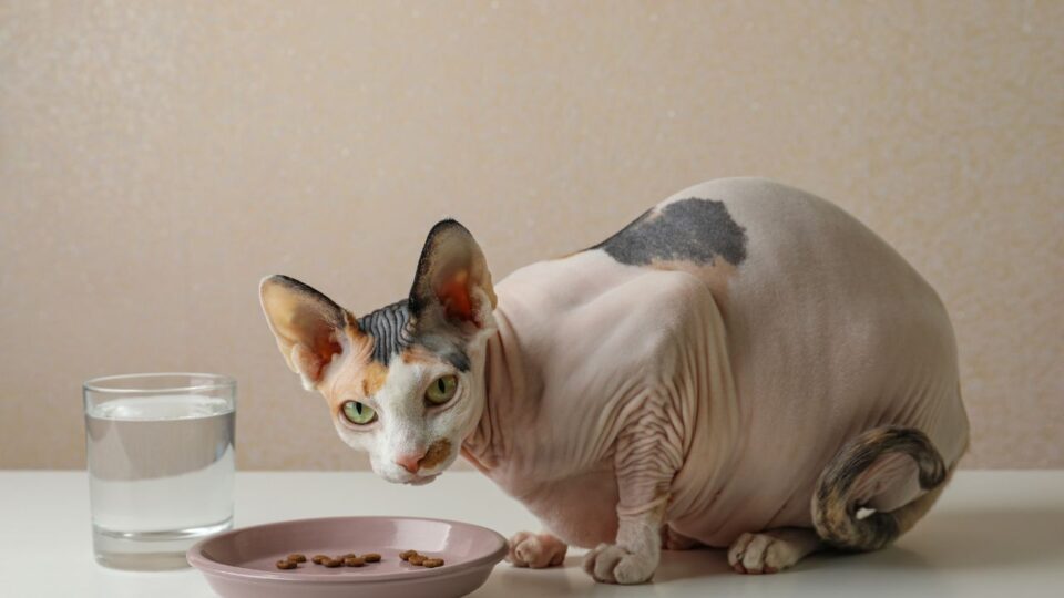 Kot rasy Sfinx jedzący kocią karmę