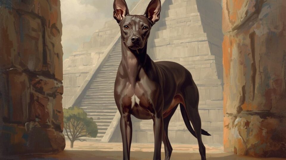 Pies rasy Xoloitzcuintli na tle starożytnej piramidy